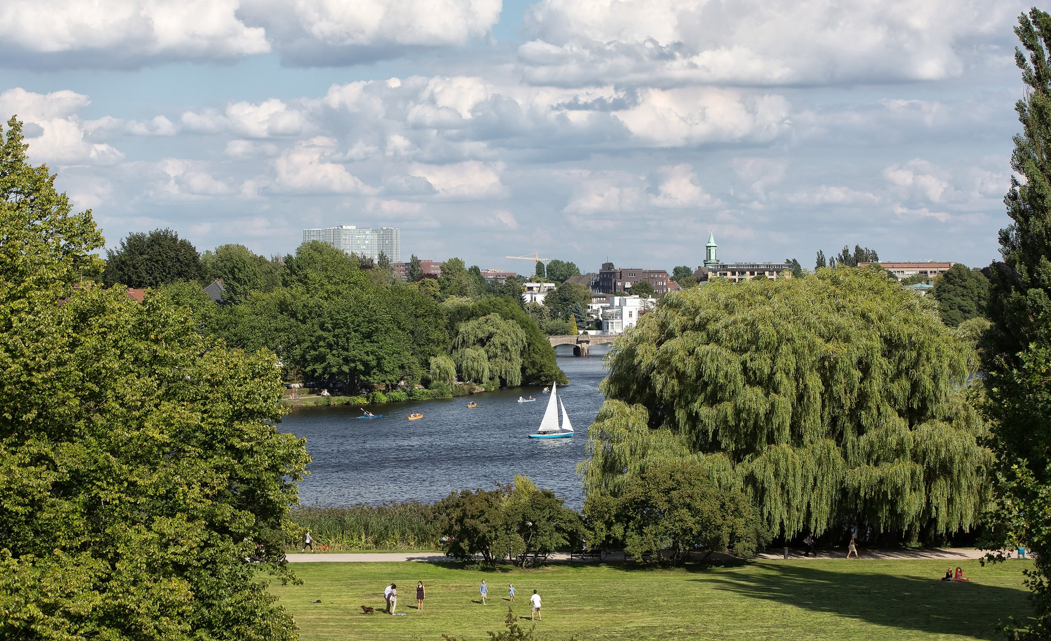 View across a park meadow to the Outer Alster with a sailing boat, weeping willows and the city skyline