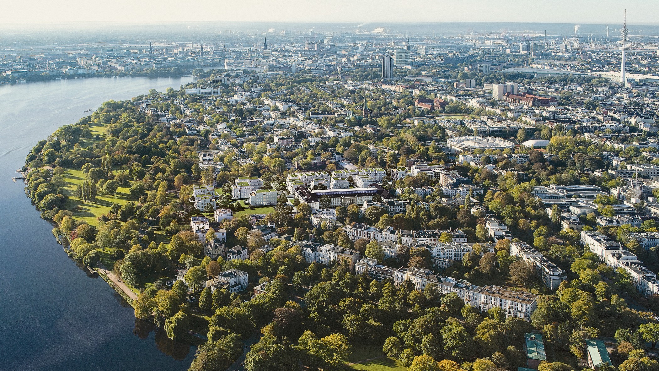 Aerial view of the Sophienterrassen in Harvestehude between the Outer Alster and Hamburg city centre