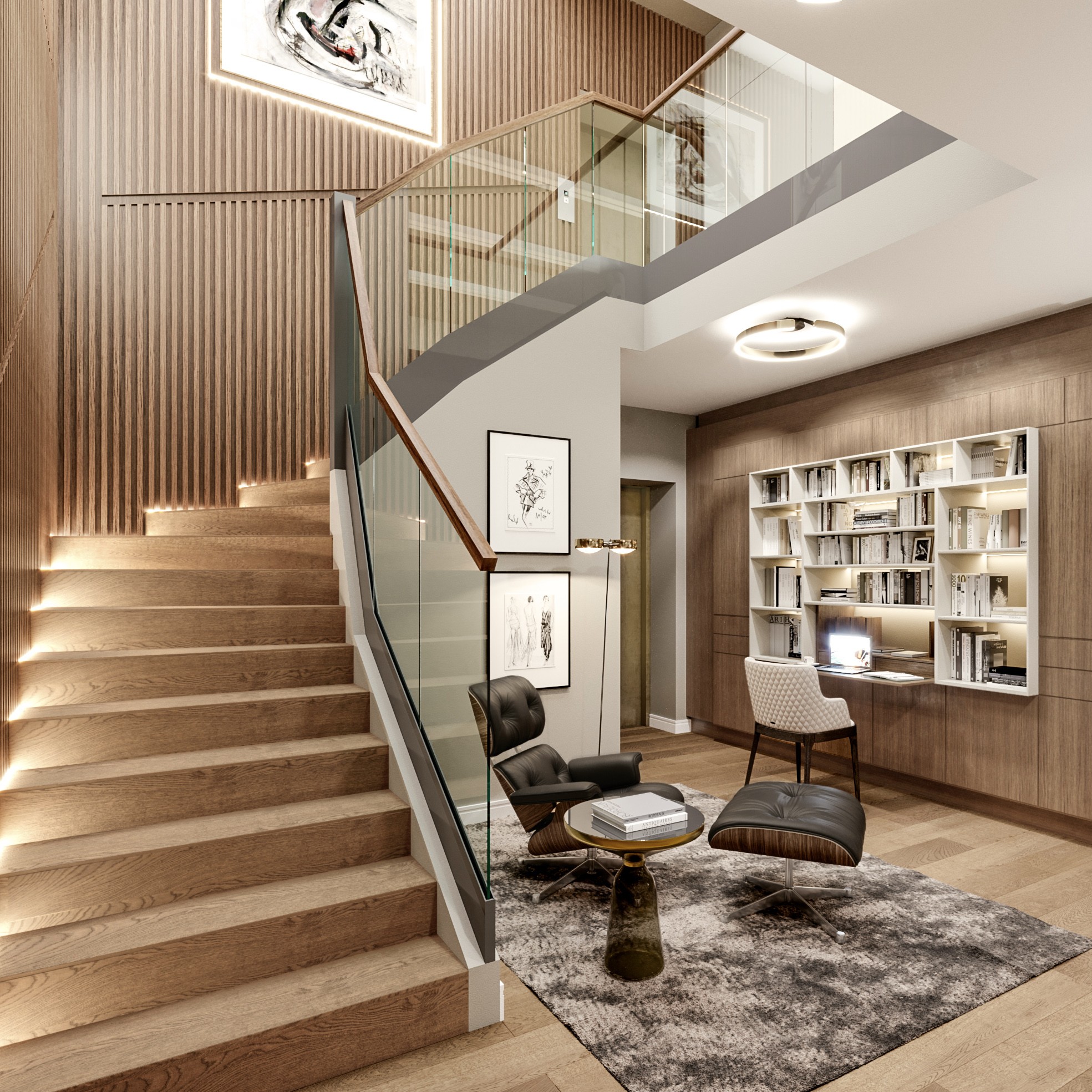 Visualisierung eines Wohnbereichs mit beleuchteter Holztreppe, Glasgeländer, Lounge-Sessel und Bücherregal mit Schreibplatz