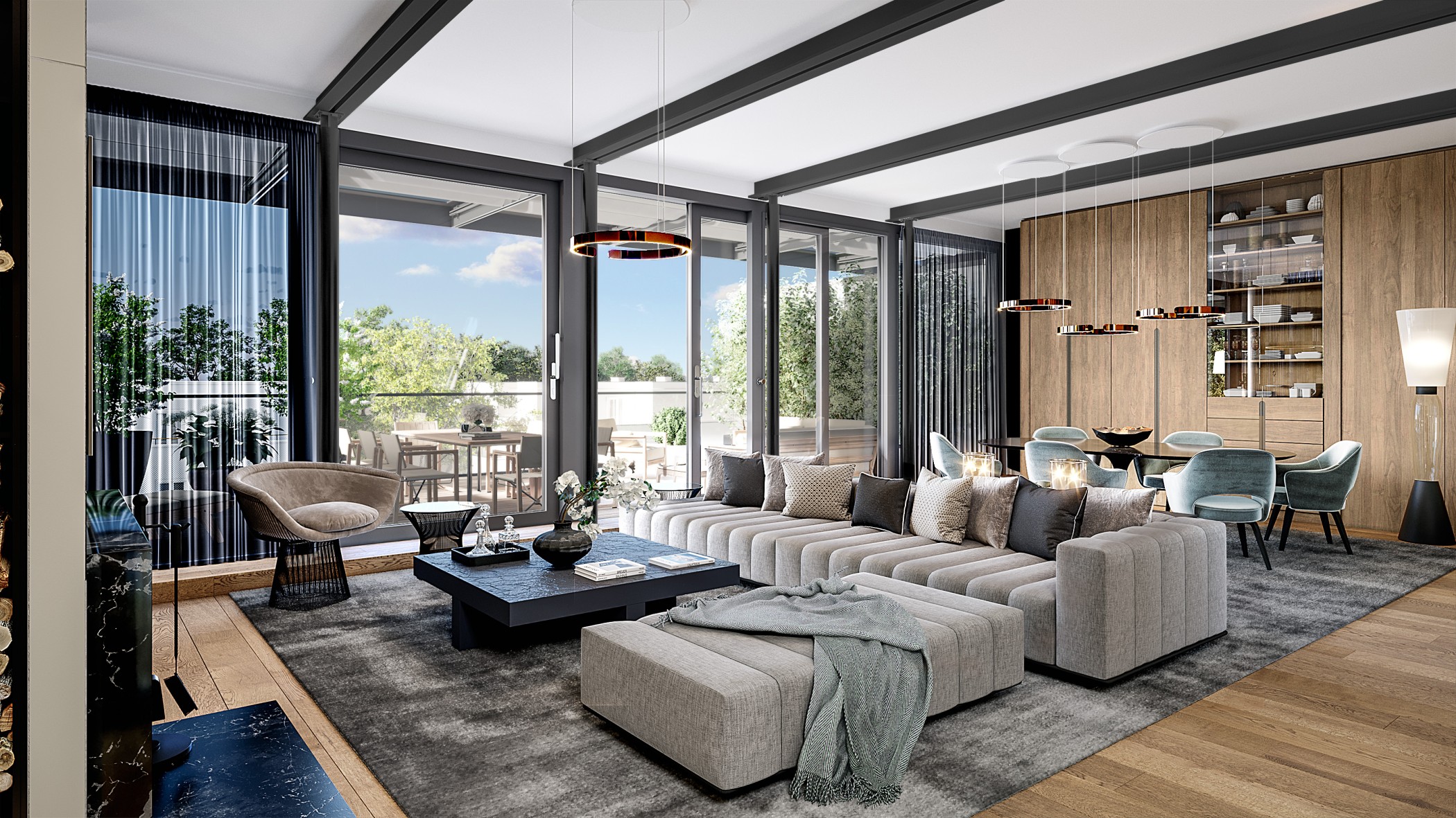 Luxuriös gestaltetes Wohnzimmer einer Sophienterrassen Luxuswohnung in Hamburg Harvestehude mit bodentiefen Fenstern, moderner Einrichtung und Zugang zur Terrasse