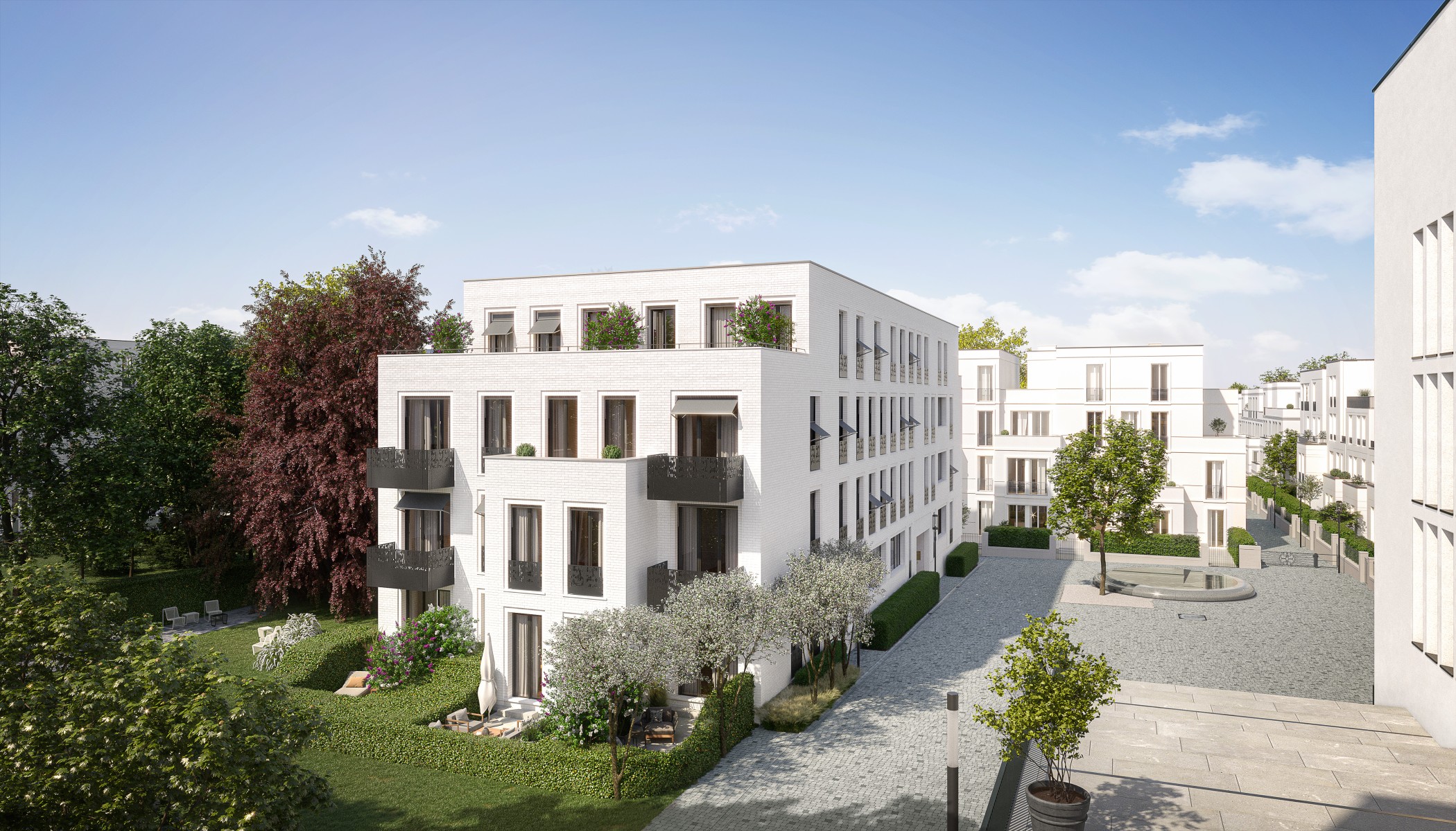 Visualisierung der Hofseite der Sophie von oben mit Gärten, Olivenbäumen und gepflastertem Platz im Quartier