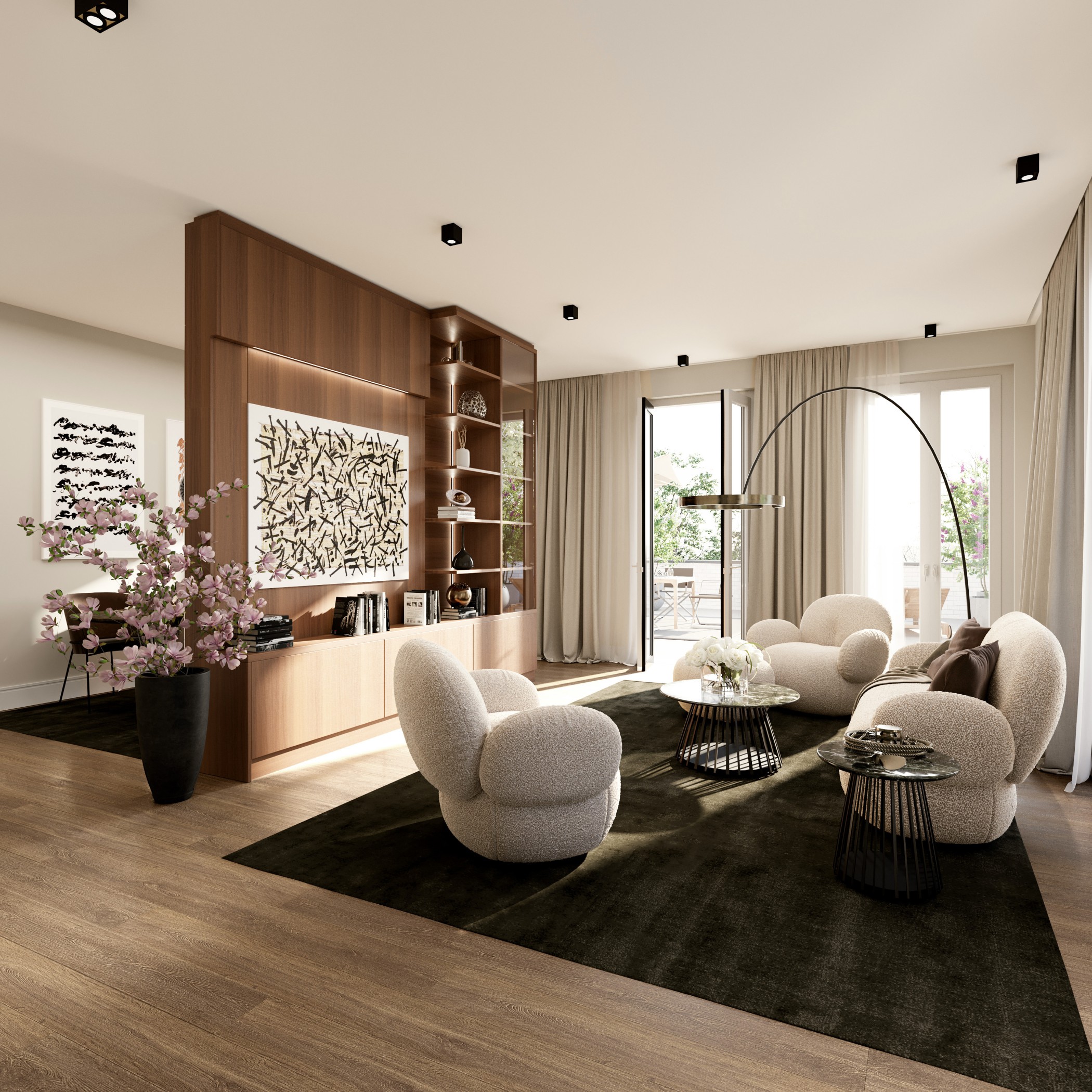 Helles, elegant eingerichtetes Wohnzimmer einer Luxuswohnung in den Sophienterrassen Hamburg mit runden Design-Sesseln, stilvoller Holz-Wandverkleidung, Kunstobjekten und Zugang zur Terrasse